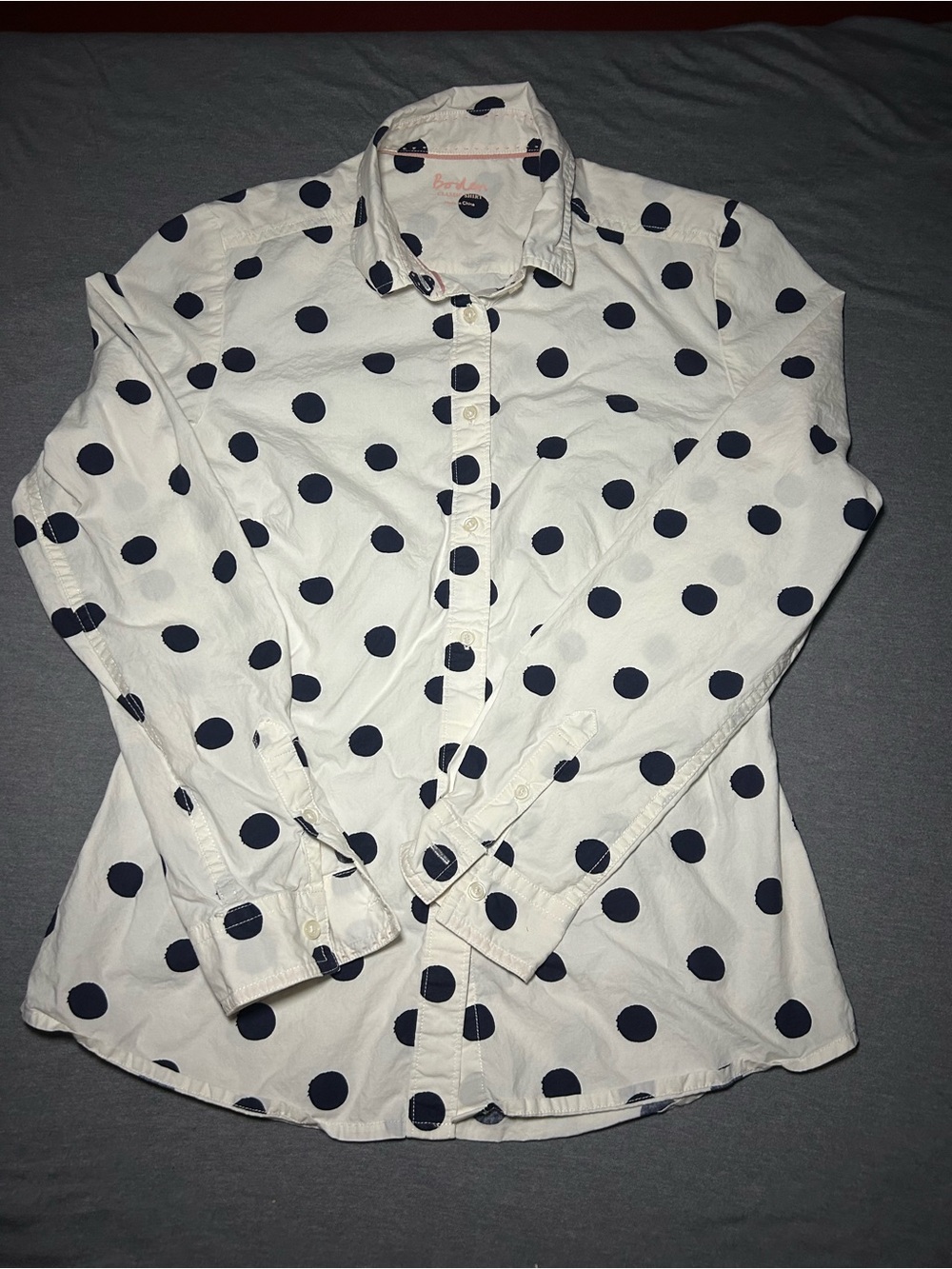 Boden White Button-Down Shirt with Black Polka Dots